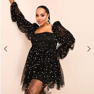 ASOS Luxe Curve Black Pearl Embellished Tulle Babydoll Mini Dress BNWT Plus Size